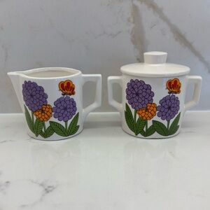 Rare Vintage Japan Tea Bright Floral Creamer and Sugar Set with Butterfly 1960